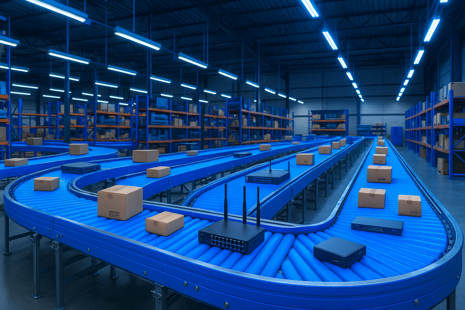 Create an image of a technology warehouse with small packages and some routers, switches and other hardware out on conveyor belts.. also try to include the colour hex "#0d72ff" in the image